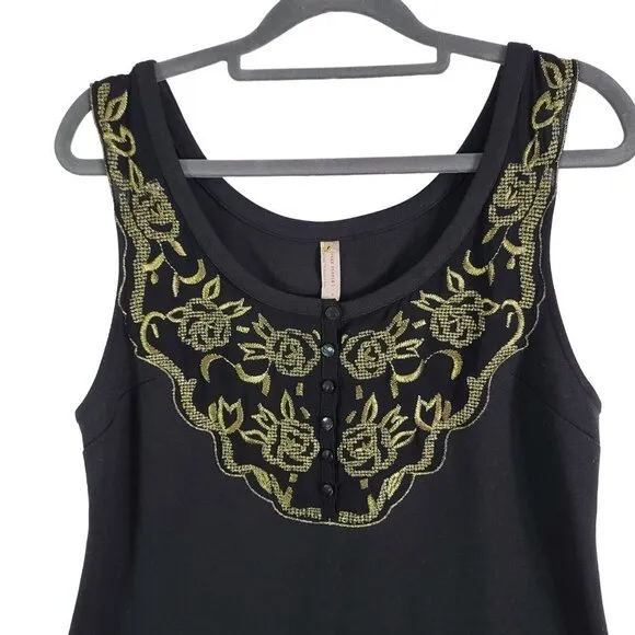 Free People  Black Gold Button Embroidered Front Fit Flare Sheath Dress Size 8