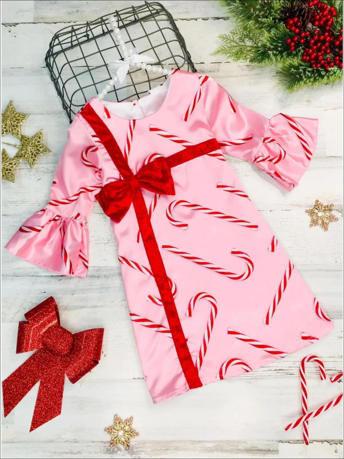 Girls Bell Sleeve Cross Over Bow Present Dress