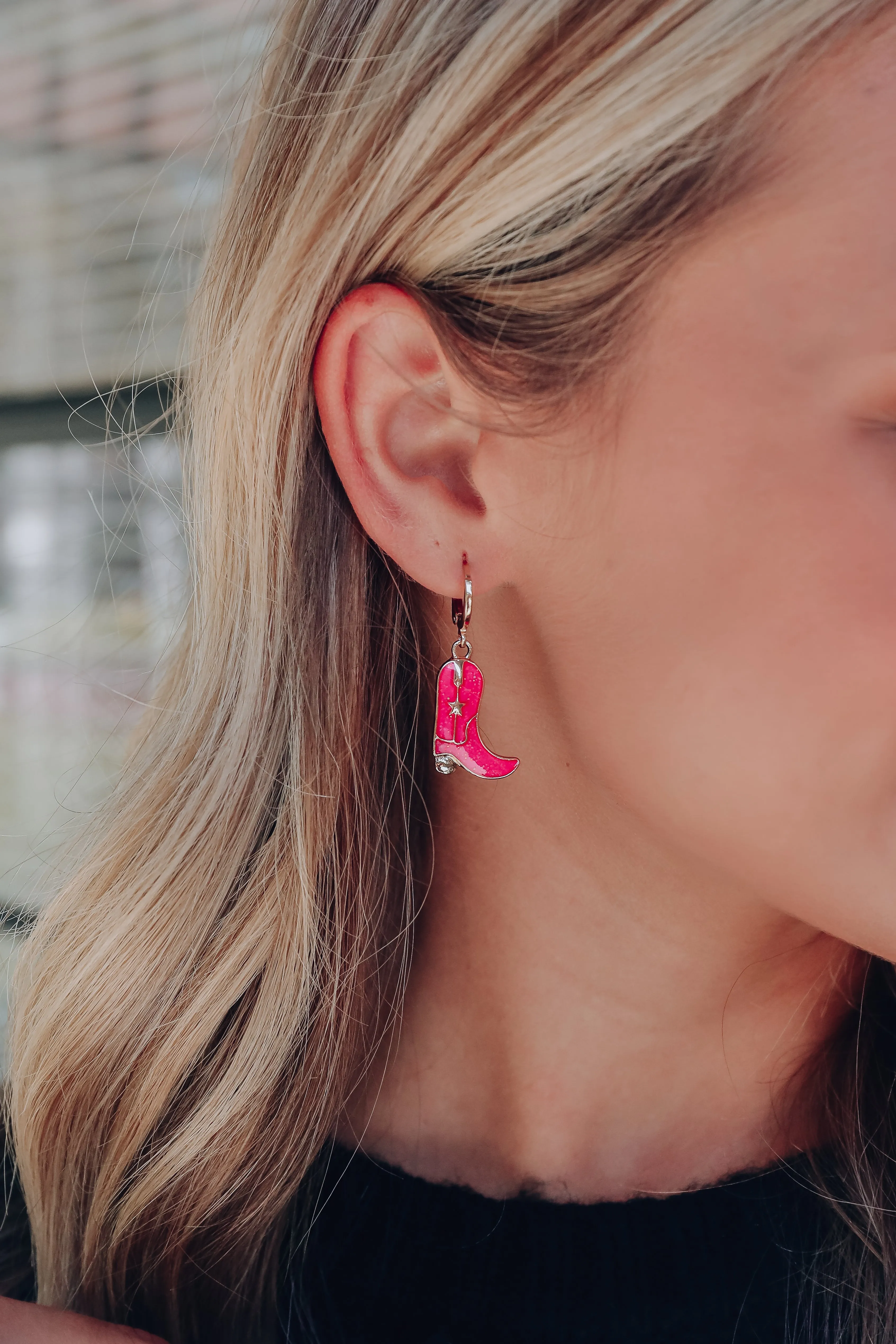 Glitter Enamel Boot Hoop Earrings - Hot Pink
