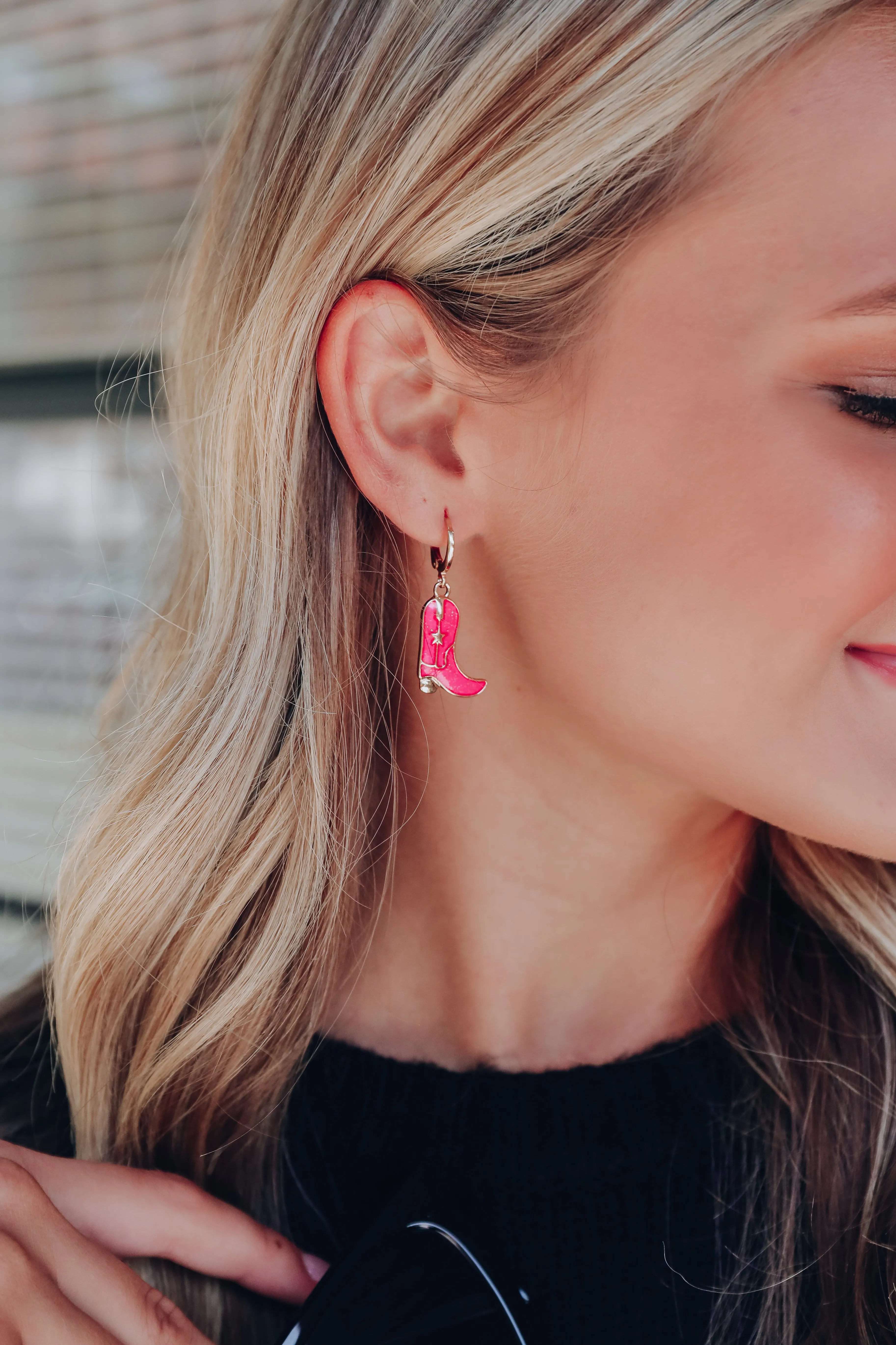 Glitter Enamel Boot Hoop Earrings - Hot Pink