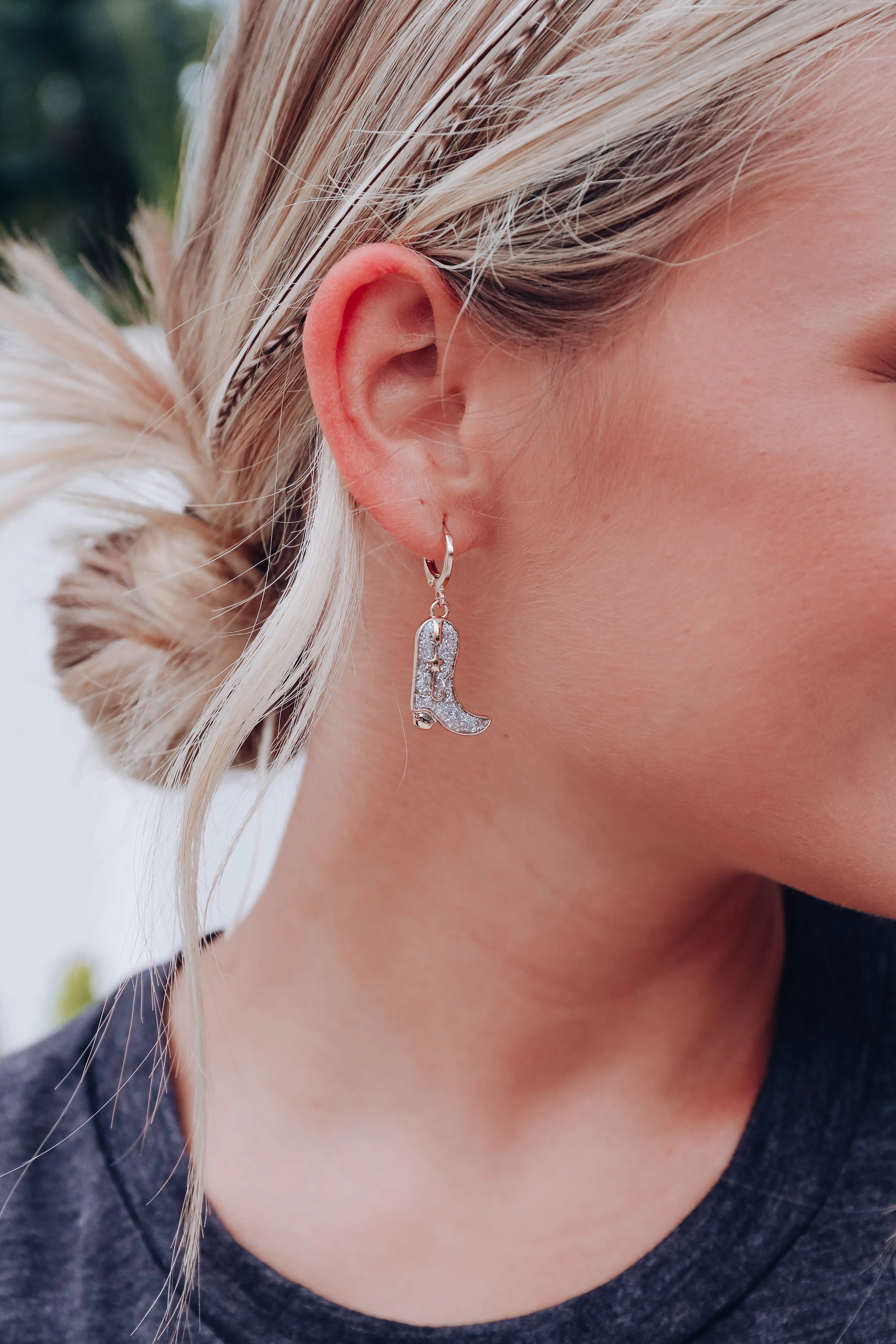 Glitter Enamel Boot Hoop Earrings - Silver