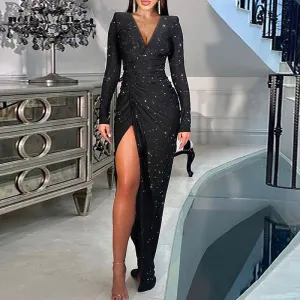 Glitter Long Sleeve Ruched High Slit Maxi Dress