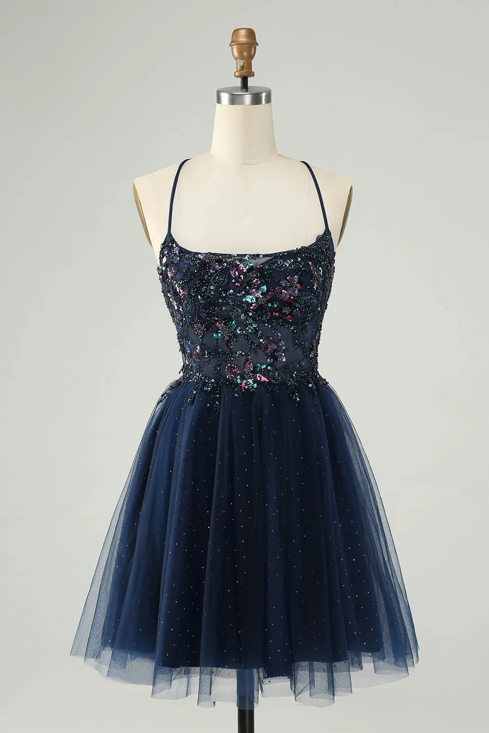 Glitter Navy A Line Spaghetti Straps Backless Tulle Homecoming Dress with Sequins
