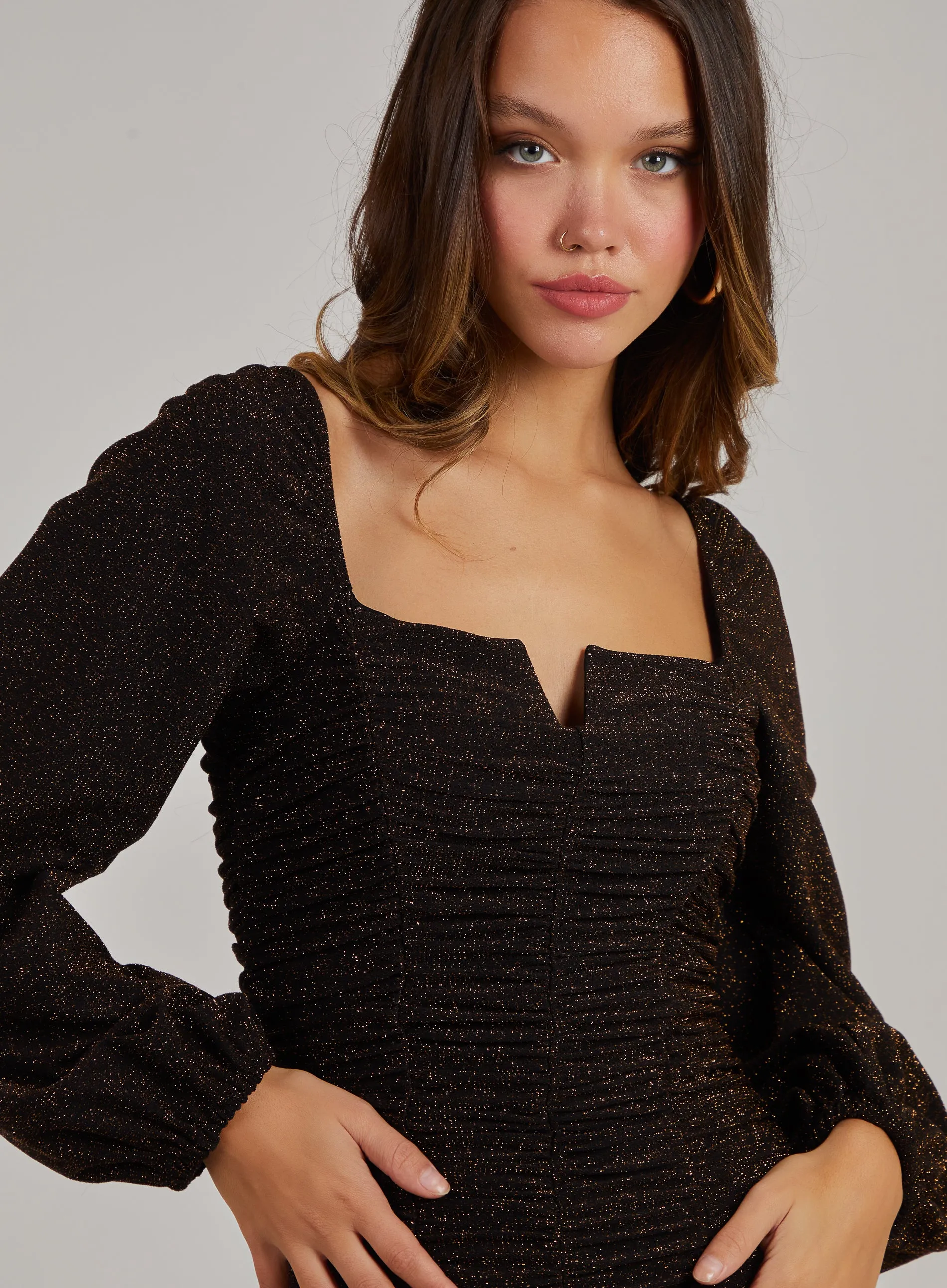 Glitter Notch Long Sleeve Dress