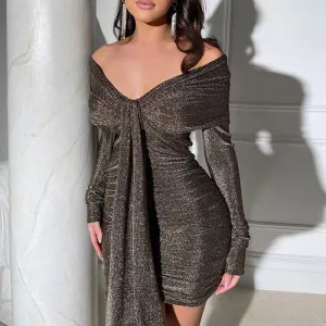 Glitter Off Shoulder Wrapped Long Sleeve Bodycon Dress