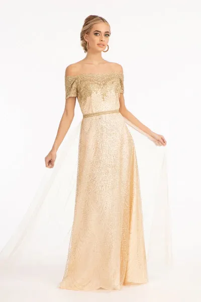Glitter Print Mesh Cut-Away Shoulder A-Line Dress