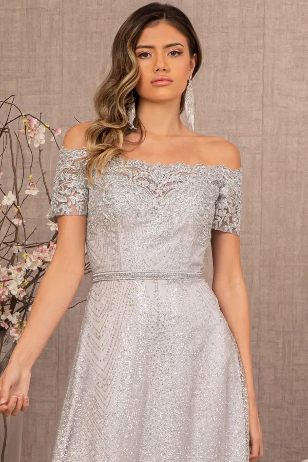 Glitter Print Mesh Cut-Away Shoulder A-Line Dress