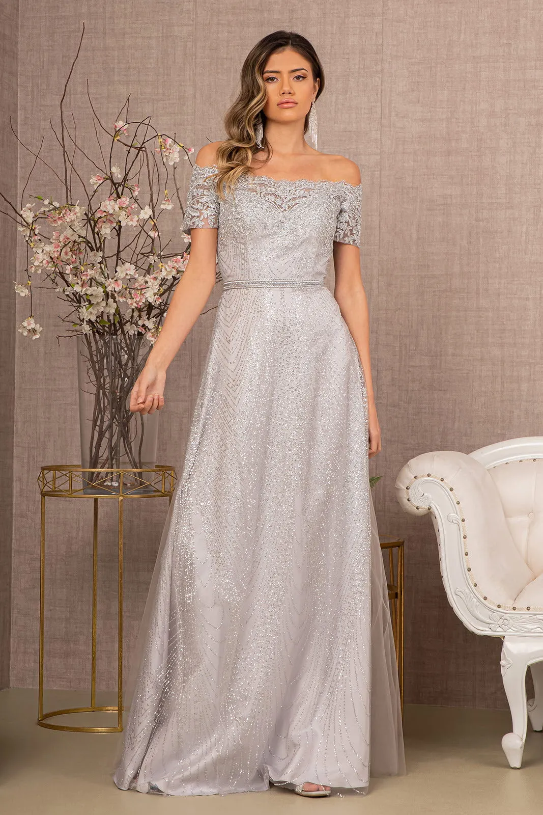 Glitter Print Mesh Cut-Away Shoulder A-Line Dress