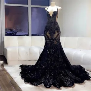 Glitter Royal Blue Mermaid Prom Dresses Crystal Gown