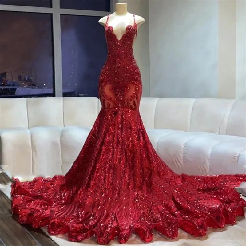 Glitter Royal Blue Mermaid Prom Dresses Crystal Gown