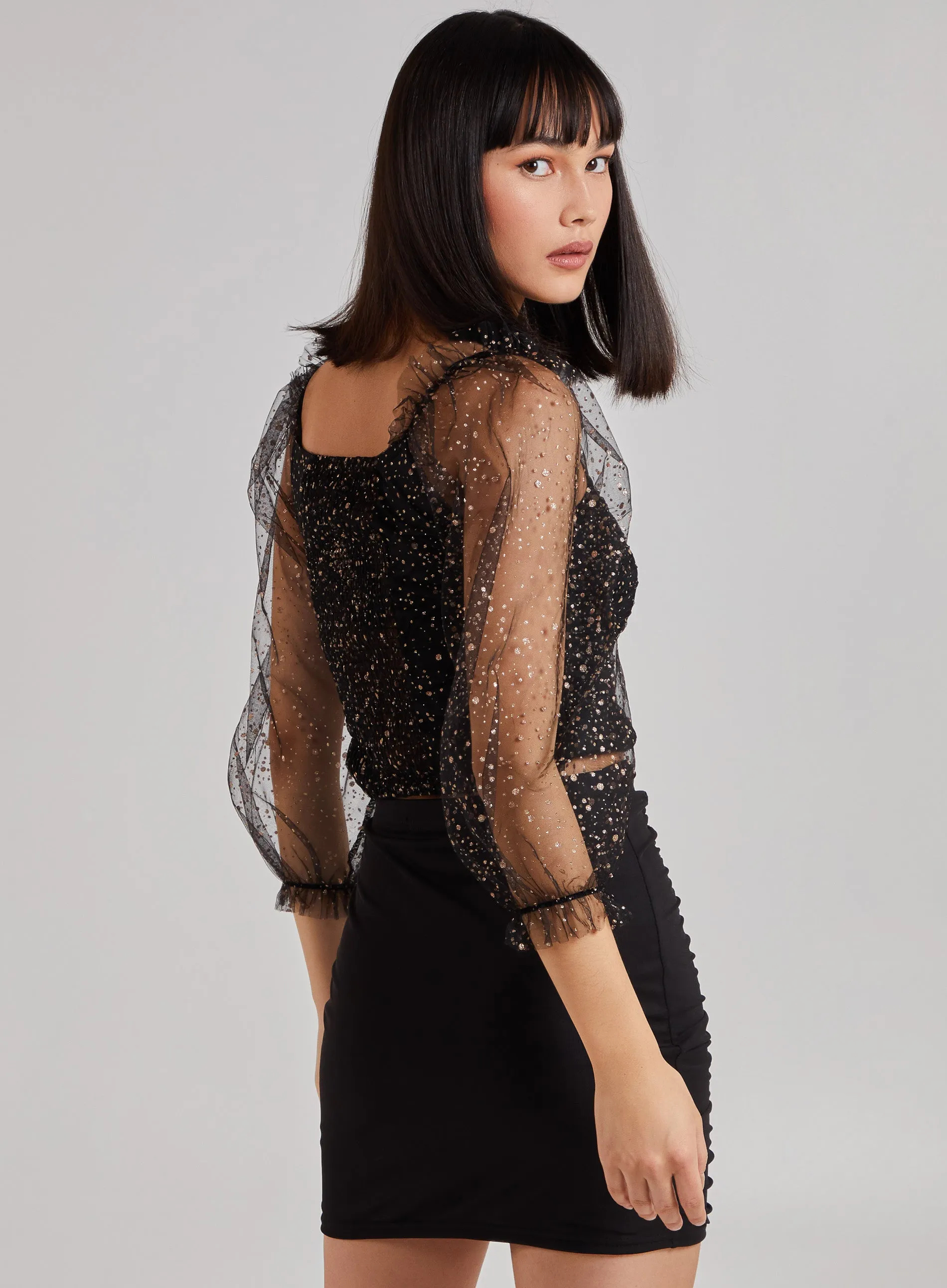 Glitter Ruched Top With Sheer Balloon Sleeve