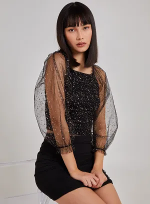 Glitter Ruched Top With Sheer Balloon Sleeve
