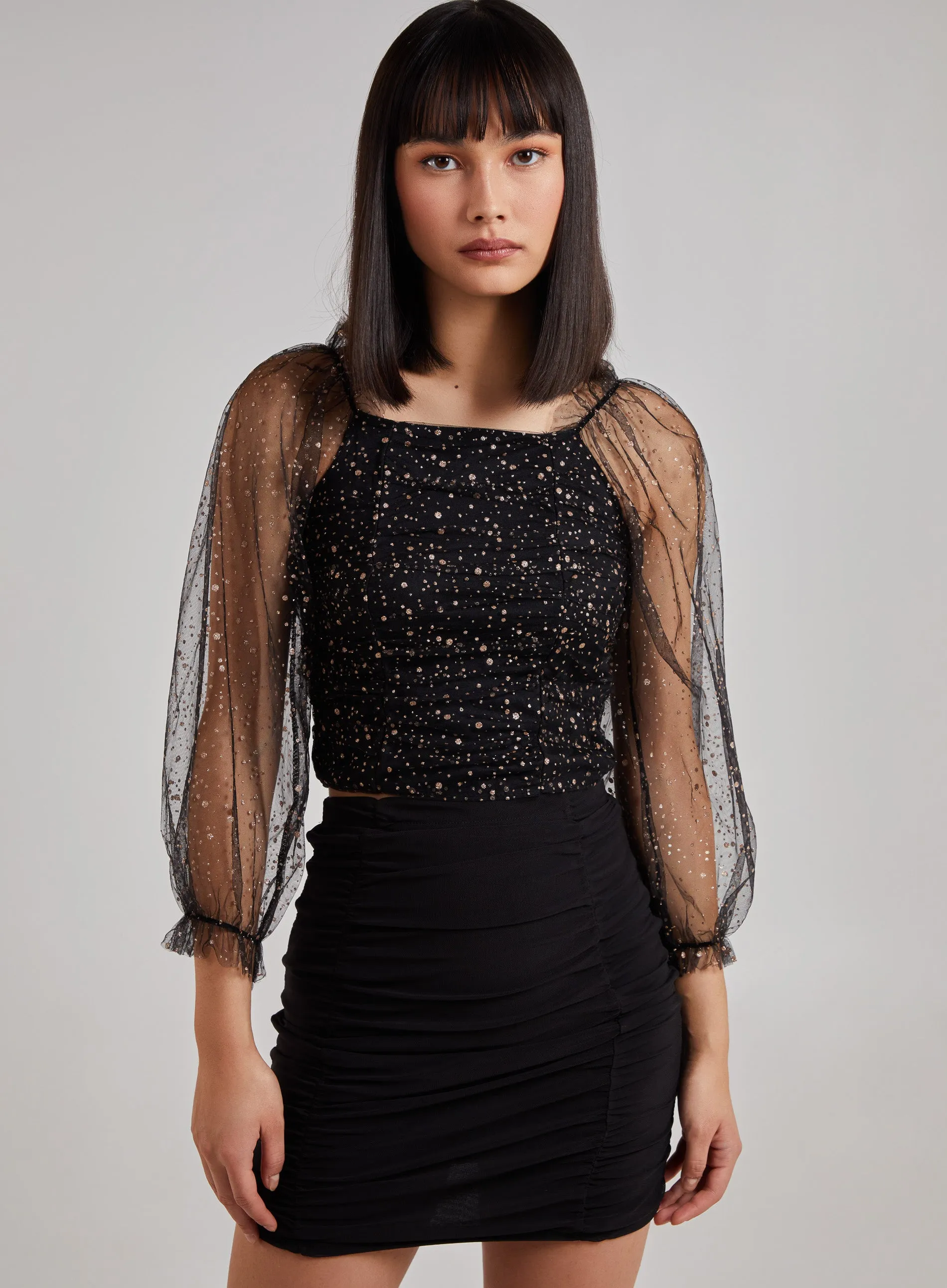 Glitter Ruched Top With Sheer Balloon Sleeve