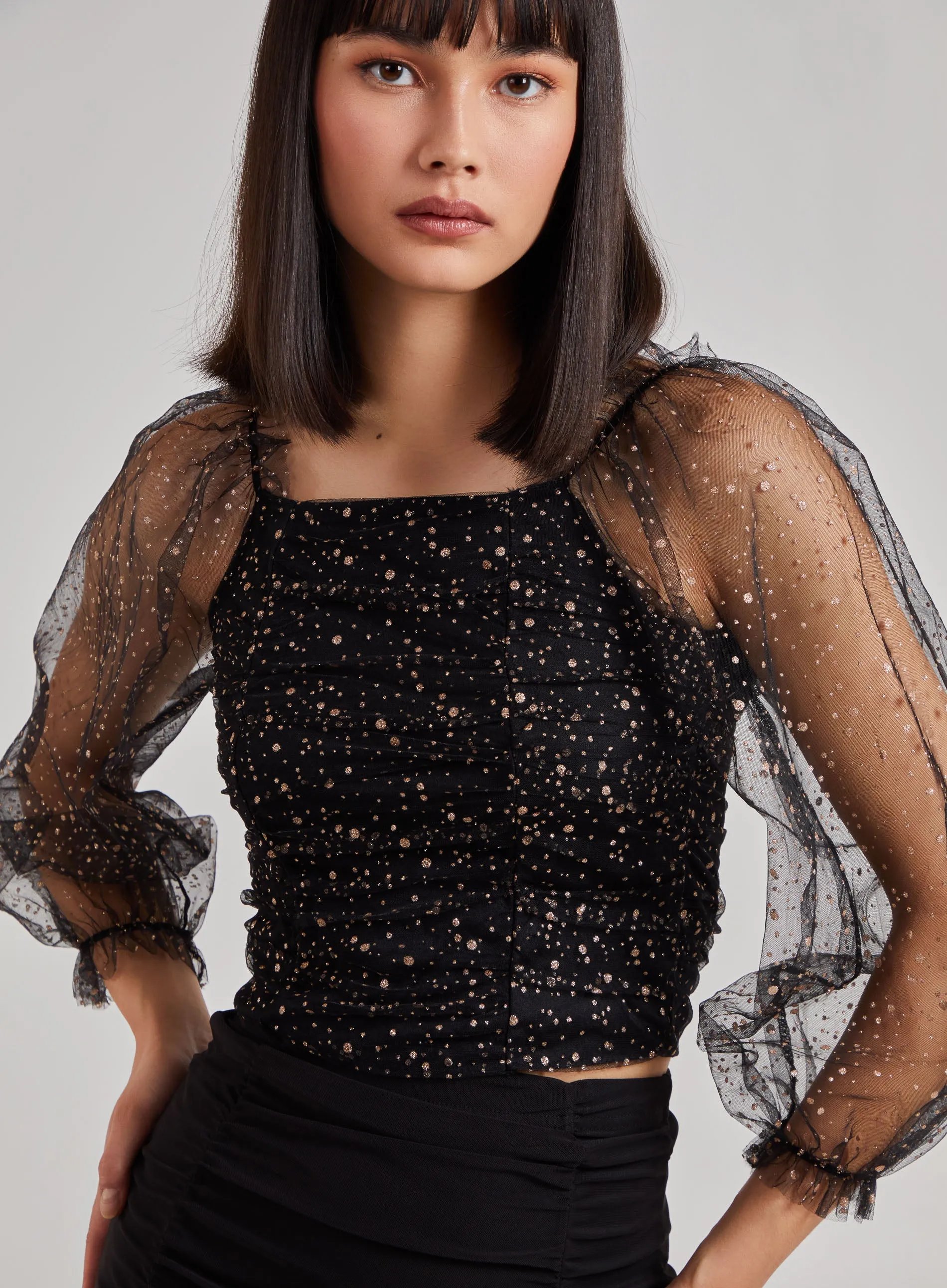 Glitter Ruched Top With Sheer Balloon Sleeve