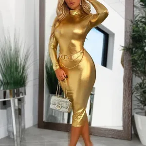 Glitter Solid Long Sleeve Turtleneck Bodycon Dress