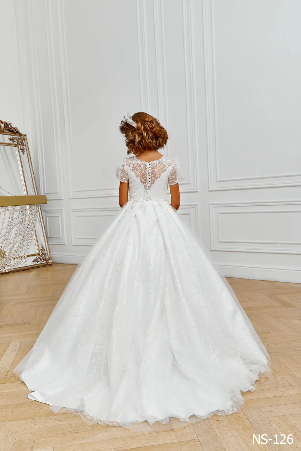 Glitter Tulle Flower Girl Dress with Short Sleeves