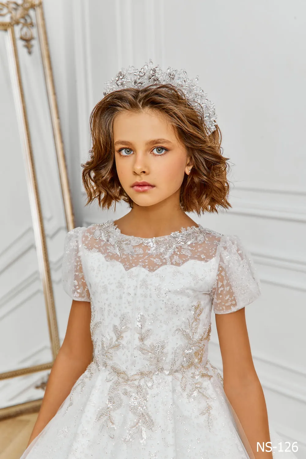 Glitter Tulle Flower Girl Dress with Short Sleeves