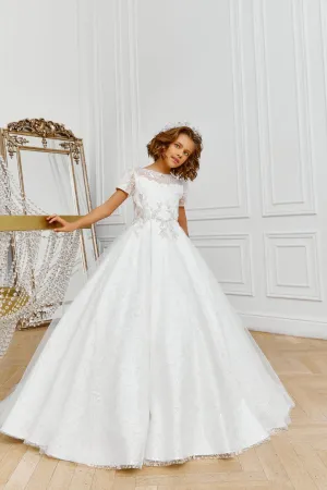 Glitter Tulle Flower Girl Dress with Short Sleeves