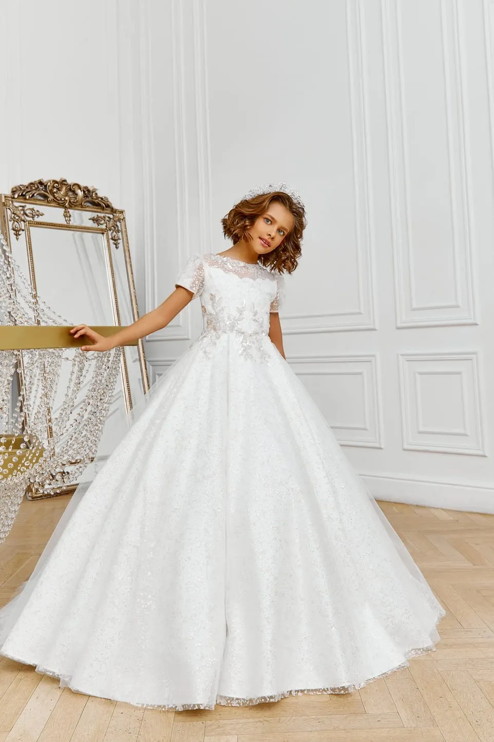 Glitter Tulle Flower Girl Dress with Short Sleeves