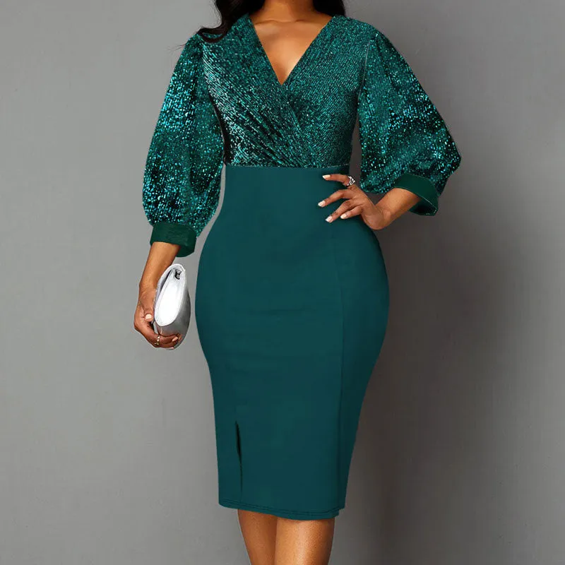 Glitter V-Neck Long Sleeve Bodycon Dress