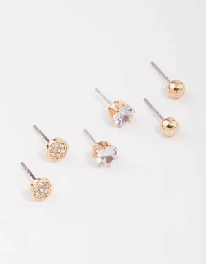 Gold Glitter Diamante Stud Earrings 3-Pack