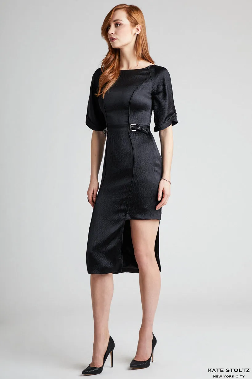 Gunmetal Buckle Hammered Silk Dress