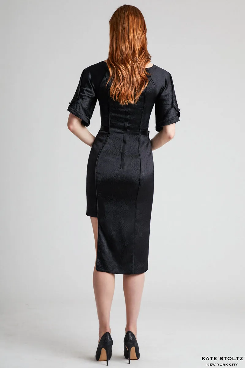 Gunmetal Buckle Hammered Silk Dress
