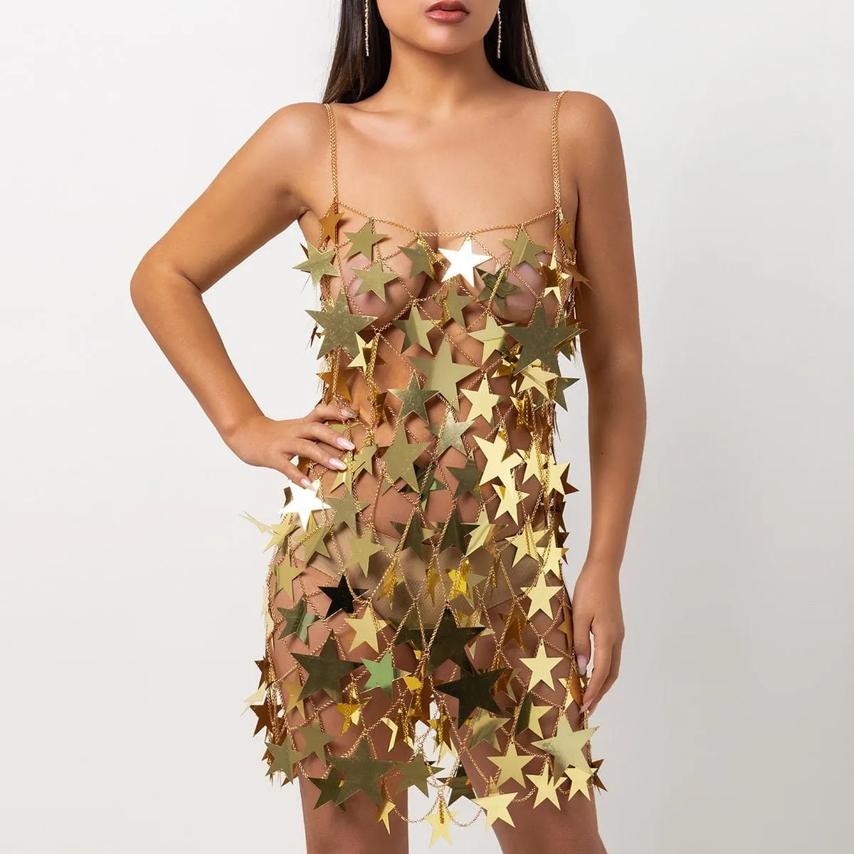 Handmade Gold Silver Tone Glitter Star Sequins Patchwork Mini Dress