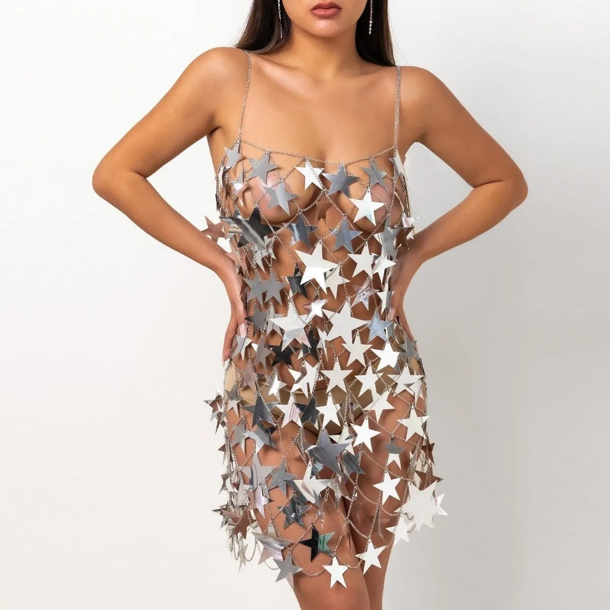 Handmade Gold Silver Tone Glitter Star Sequins Patchwork Mini Dress