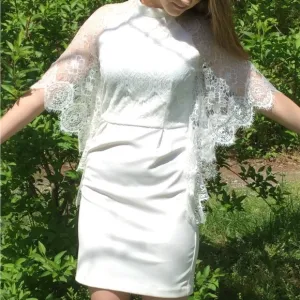 Homemade White high collar sheath pencil midi mini dress angel wing sleeves lacy