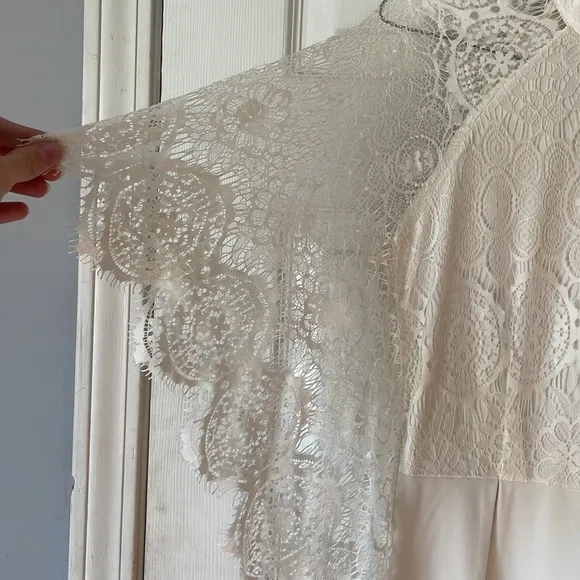 Homemade White high collar sheath pencil midi mini dress angel wing sleeves lacy