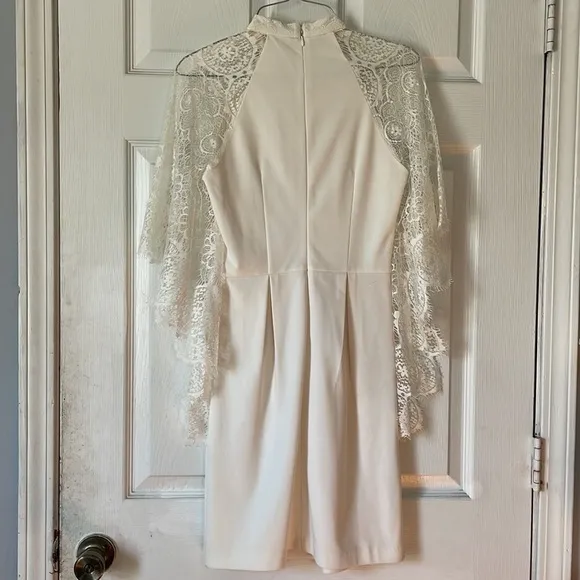 Homemade White high collar sheath pencil midi mini dress angel wing sleeves lacy