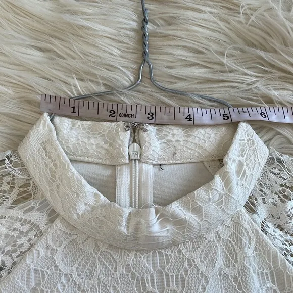 Homemade White high collar sheath pencil midi mini dress angel wing sleeves lacy