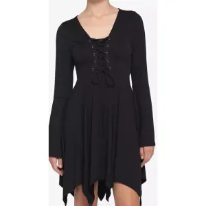 Hot Topic Sz 1 Black Gothic Witchy Fairy Flared Long Sleeve Corset Bust Dress