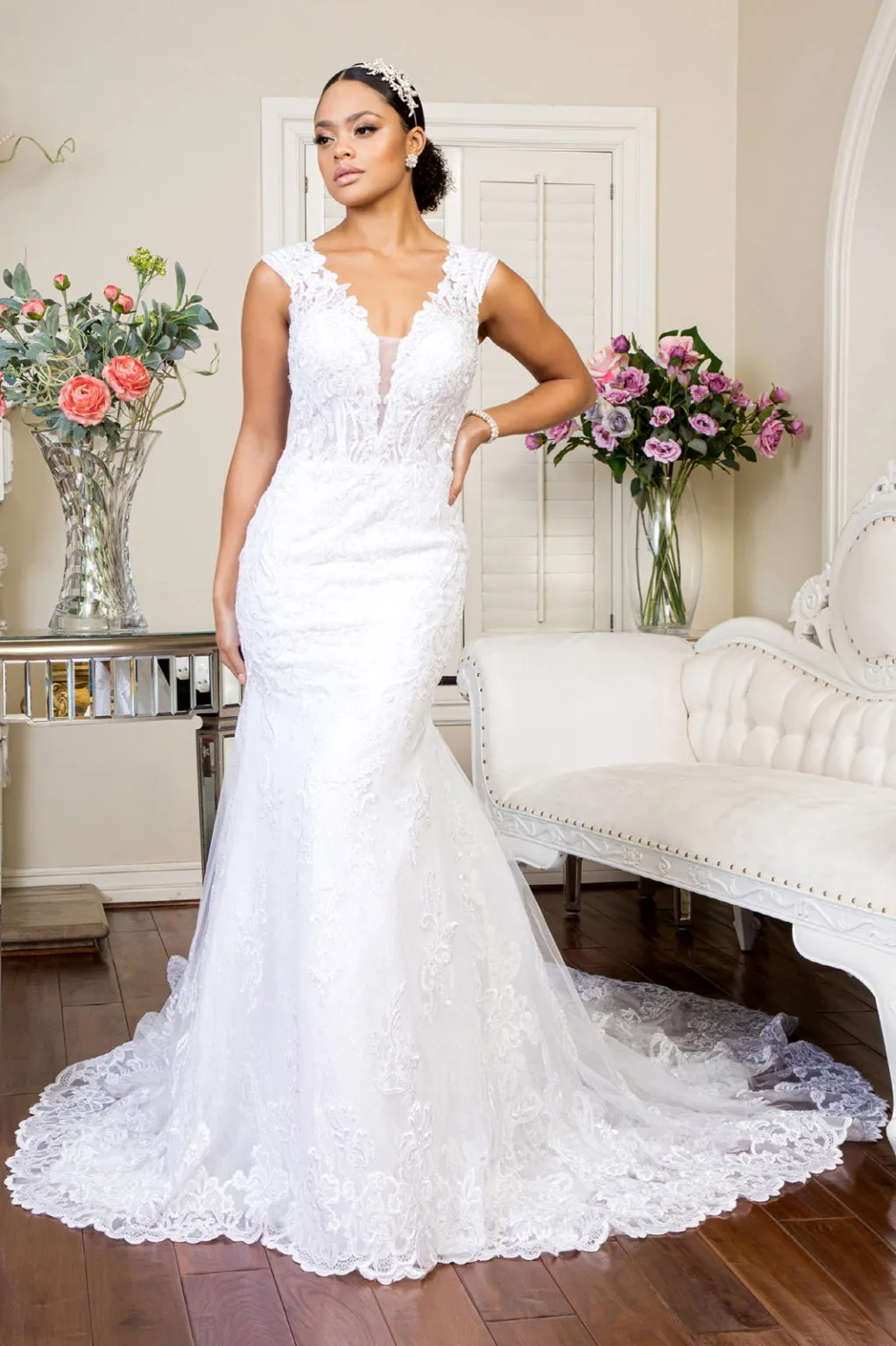 Illusion V-Neck Embroidery Mermaid Tail Wedding Gown