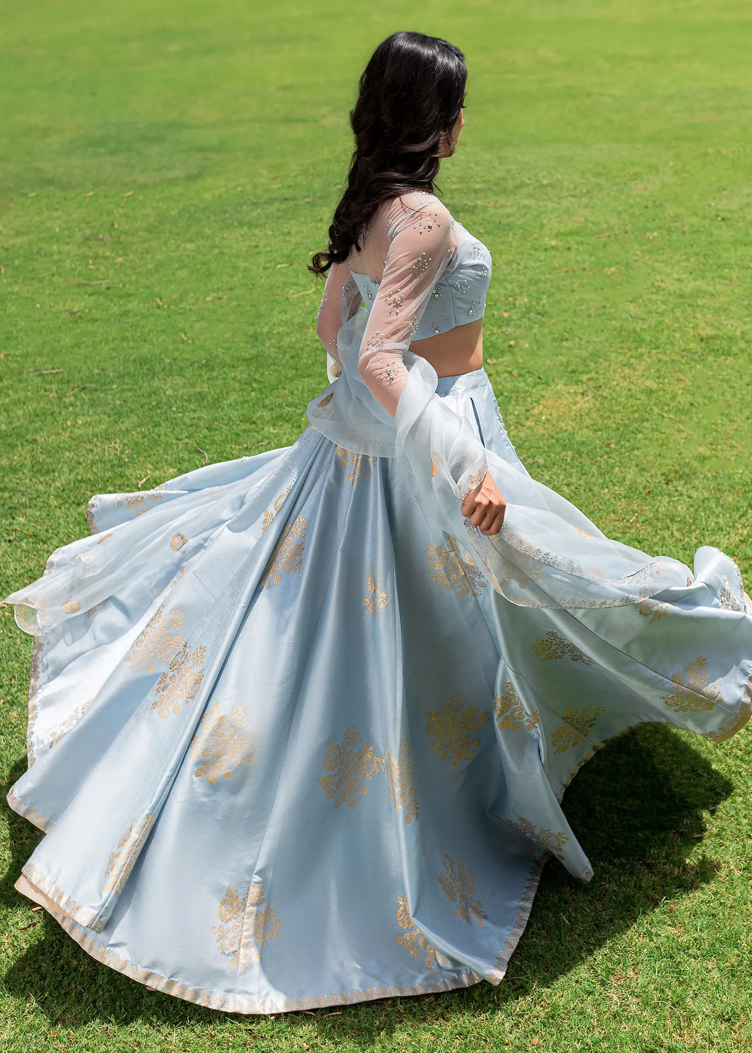 Indian Wedding Dress in Silk Blue Lehenga Choli Style