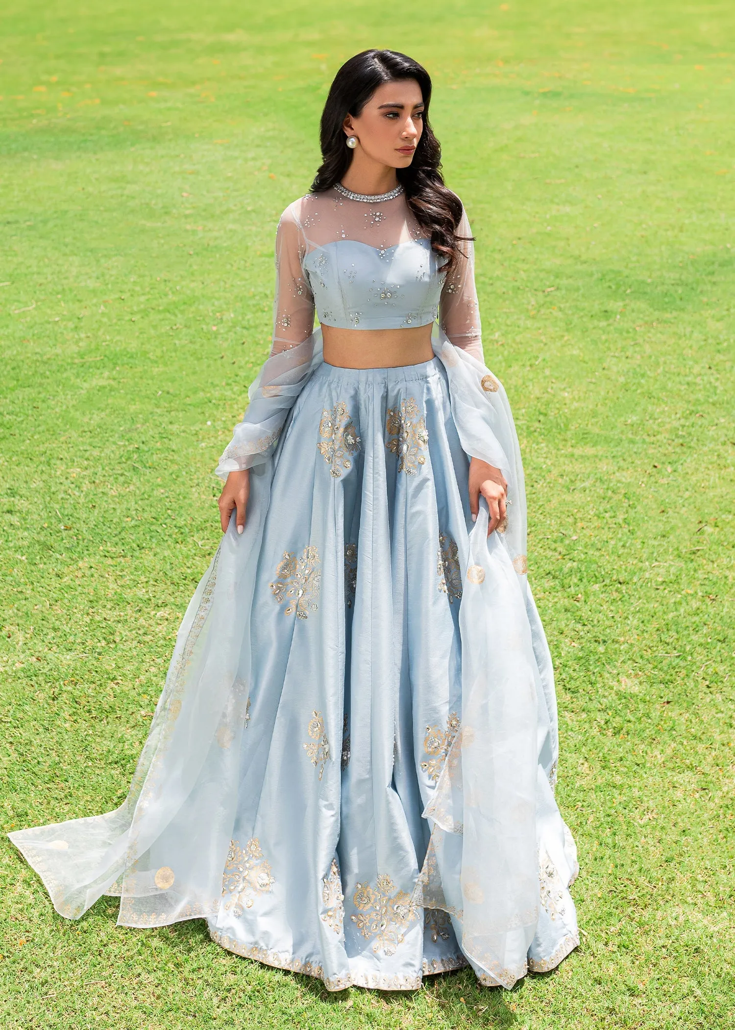 Indian Wedding Dress in Silk Blue Lehenga Choli Style