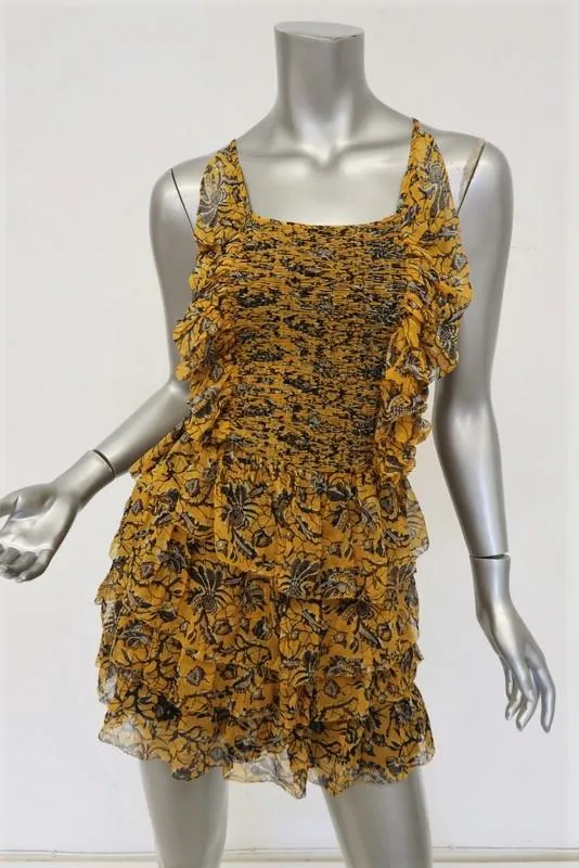 Isabel Marant Etoile Mini Dress Batson Yellow Tiered Floral Silk Size 34 NEW