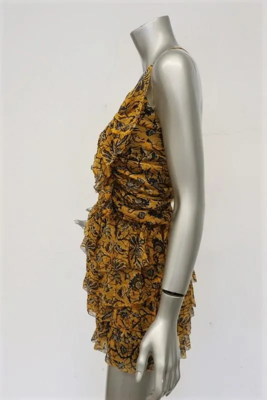 Isabel Marant Etoile Mini Dress Batson Yellow Tiered Floral Silk Size 34 NEW