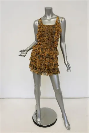Isabel Marant Etoile Mini Dress Batson Yellow Tiered Floral Silk Size 34 NEW