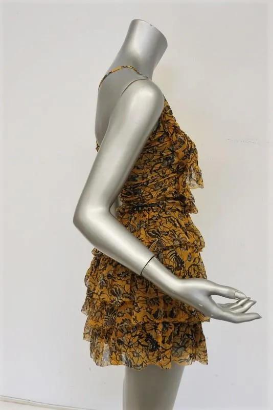 Isabel Marant Etoile Mini Dress Batson Yellow Tiered Floral Silk Size 34 NEW