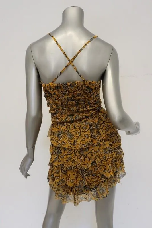 Isabel Marant Etoile Mini Dress Batson Yellow Tiered Floral Silk Size 34 NEW