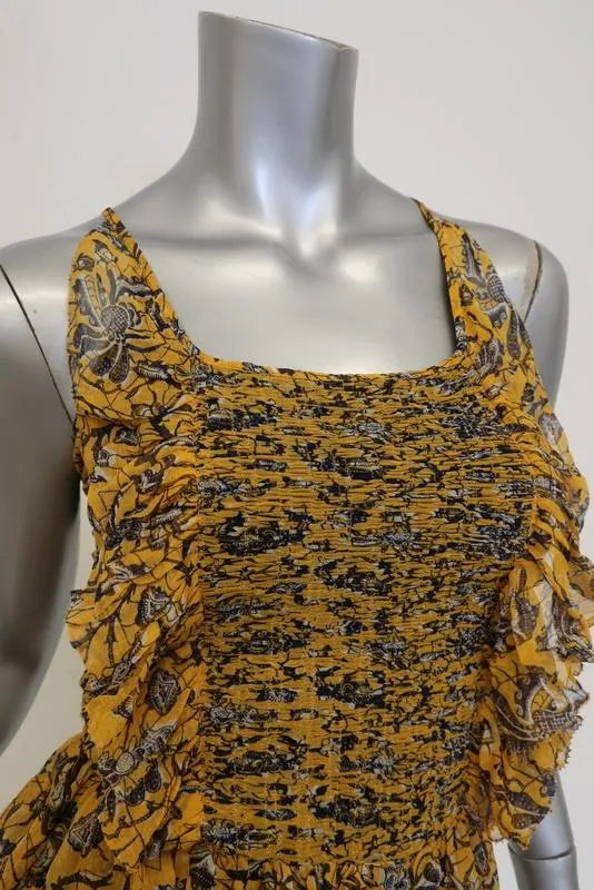 Isabel Marant Etoile Mini Dress Batson Yellow Tiered Floral Silk Size 34 NEW