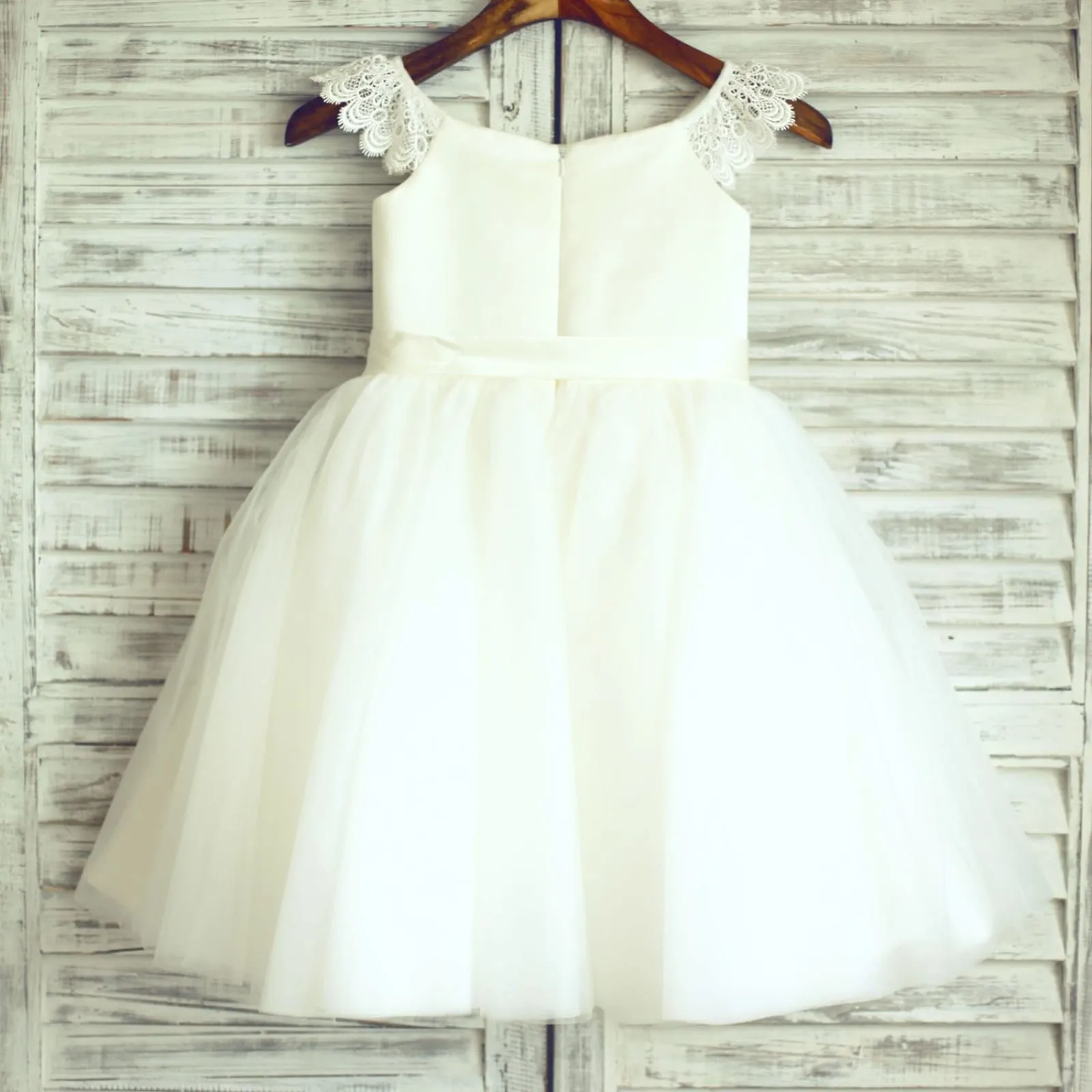 Ivory Lace Tulle Cap Sleeves Flower Girl Dress, Sash
