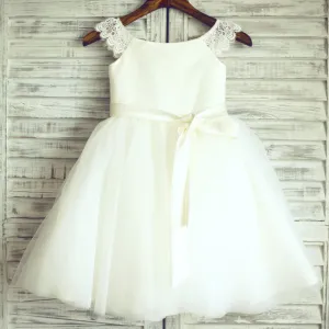 Ivory Lace Tulle Cap Sleeves Flower Girl Dress, Sash
