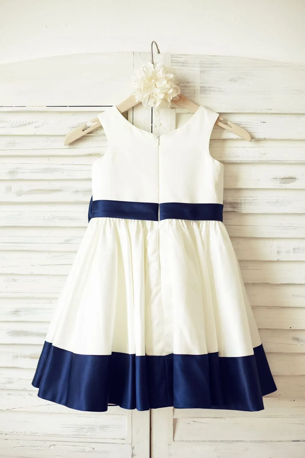 Ivory Satin Flower Girl Dress, Navy Blue Belt / Bow