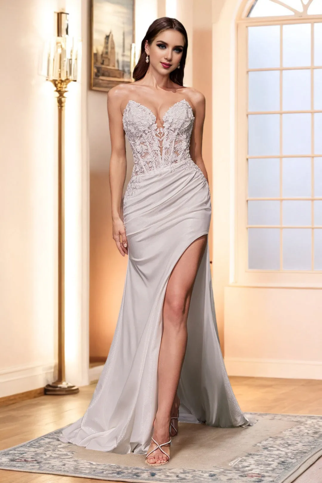 Ivory Sexy Strapless Floor Length Bridal Dress with High Slit
