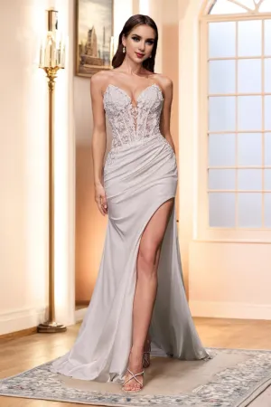 Ivory Sexy Strapless Floor Length Bridal Dress with High Slit
