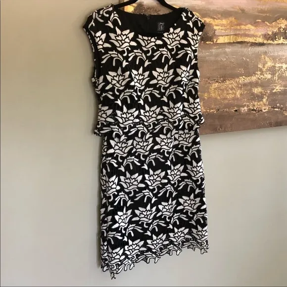 Jax Floral Lace Embroidered Popover Sheath Dress in Black &amp; White NWOT