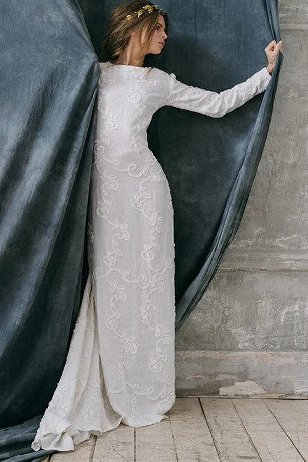 Jewel-Neck Sheath Floor-Length Dress With Appliques And Deep-V Back-715272